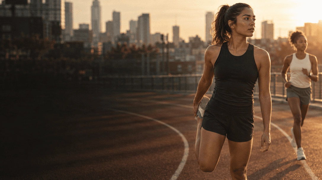 A runner training on an outdoor track at golden hour